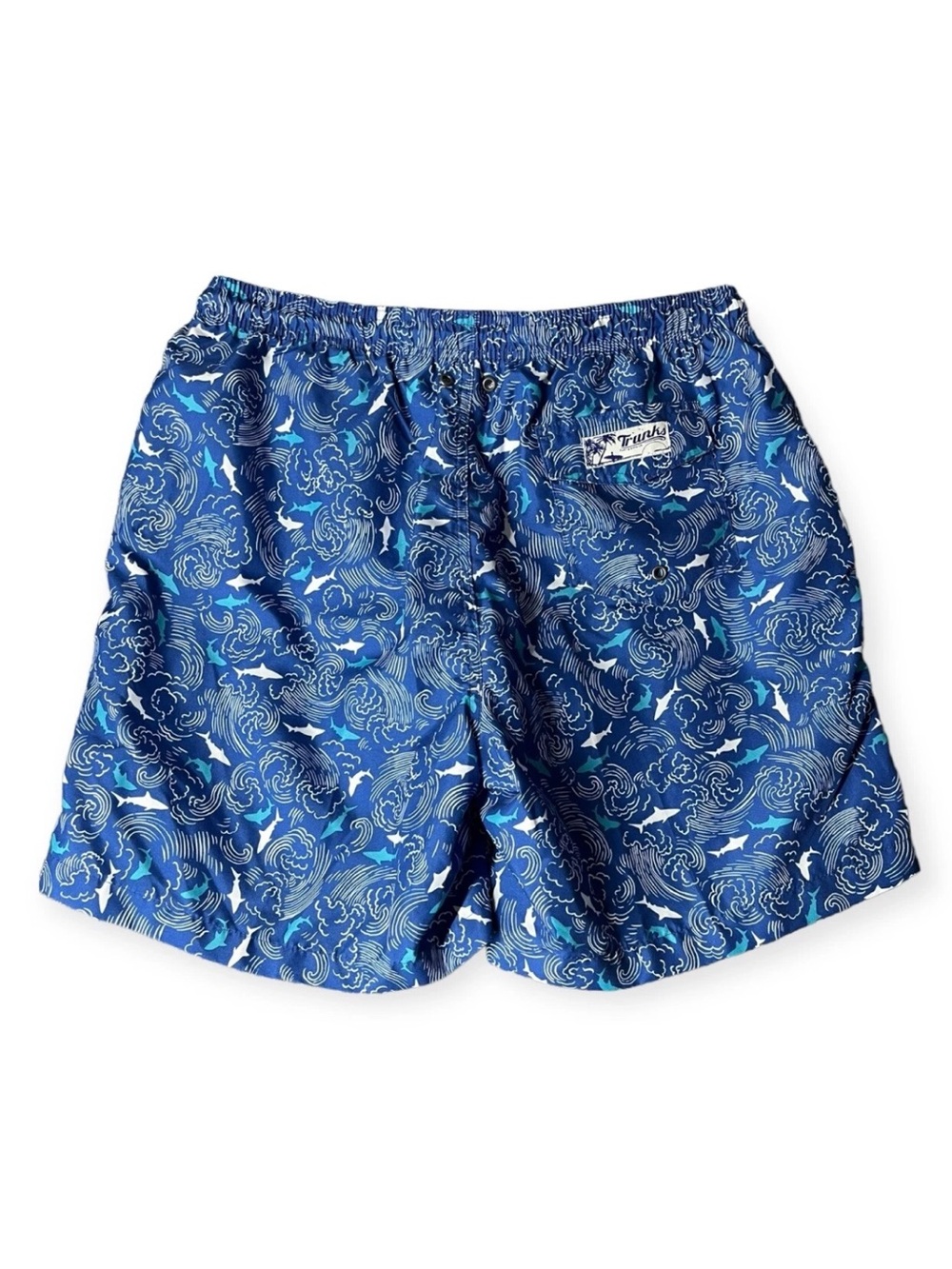 NWT Trunks Surf & Swim Co Men's Blue Shark & Wave Swim Trunks with Elastic Waist